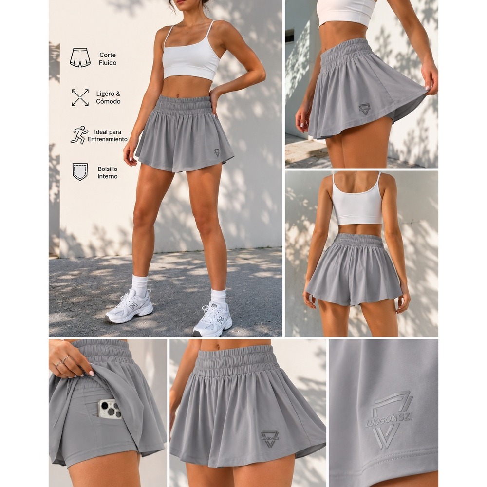 LUOGONGZI Womens Flowy 2-in-1 Athletic Shorts Gray High Waist Running Skort S